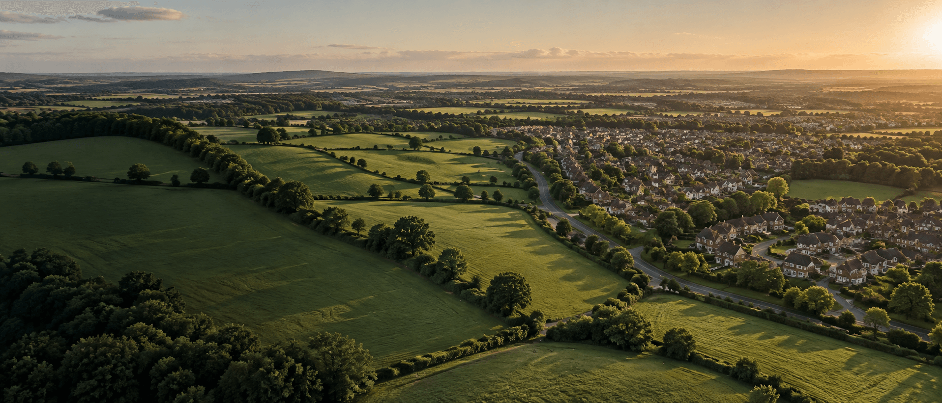 Aerial view of English countryside meeting a residential neighbourhood